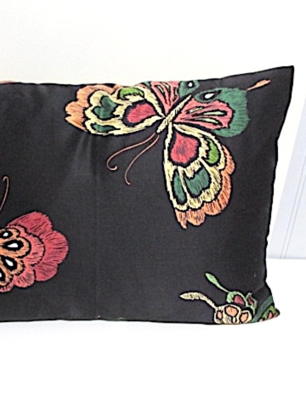 Cotton Silk Blend Black Satin Pillow Case with Embroidered Butterflies